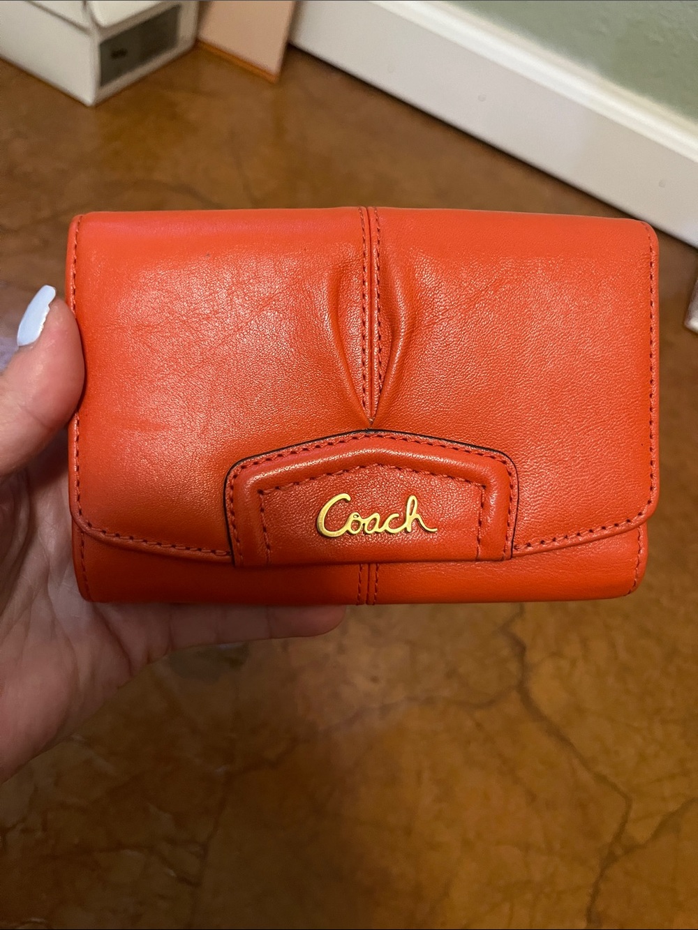 Coach Small Leather Wallet - Bright Orange with Gold Logo